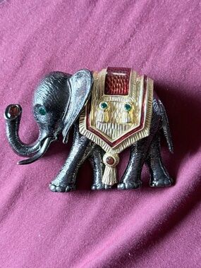 Vintage Black and Gold Elephant Brooch with Green and Red Accents